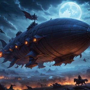An epic in-game screenshot showcasing a character riding the Void Airship Mount, set against the backdrop of a war-torn battlefield.