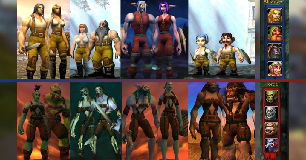 Characters from the Horde and Alliance factions in World of Warcraft Classic, including Orcs, Tauren, Undead, Humans, Night Elves, and Dwarves.