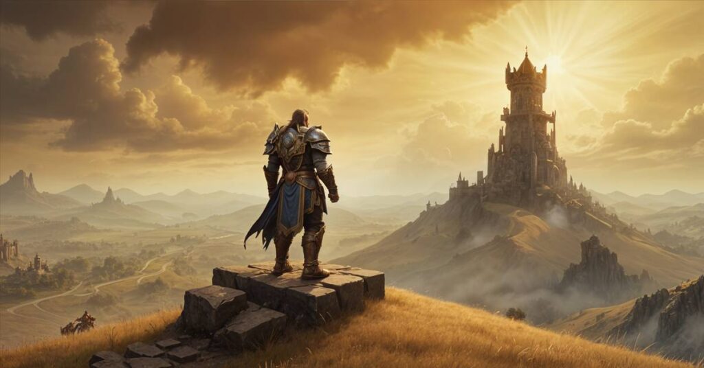 A high-level character in World of Warcraft Classic standing triumphantly on a hill, overlooking a landscape.