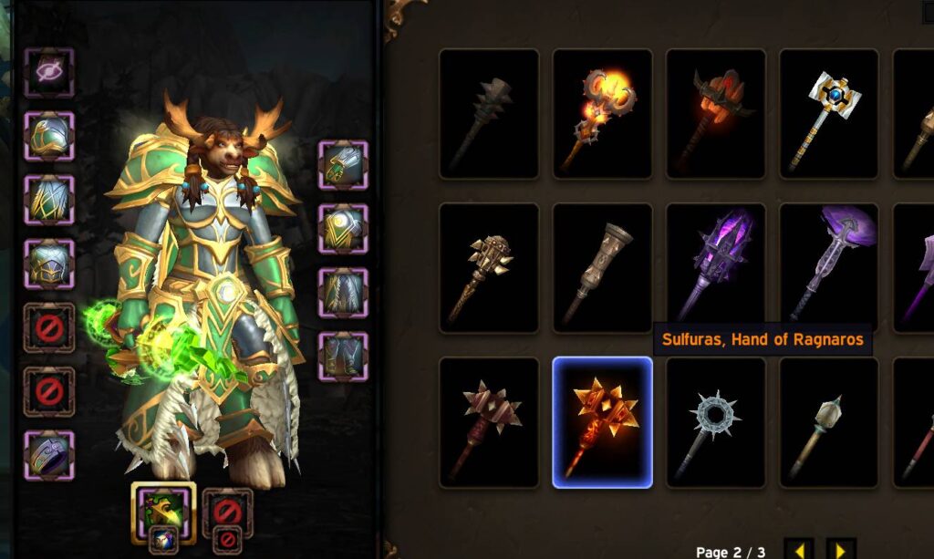 A World of Warcraft character customizing their gear, showcasing powerful weapons and armor obtained from Gamer-Choice.com.