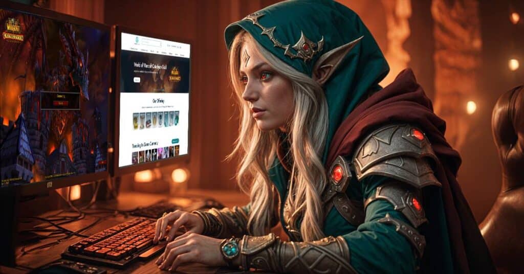 An elf character deeply engaged in World of Warcraft: Cataclysm Classic on dual monitors, with one screen showing the gamer-choice.com website