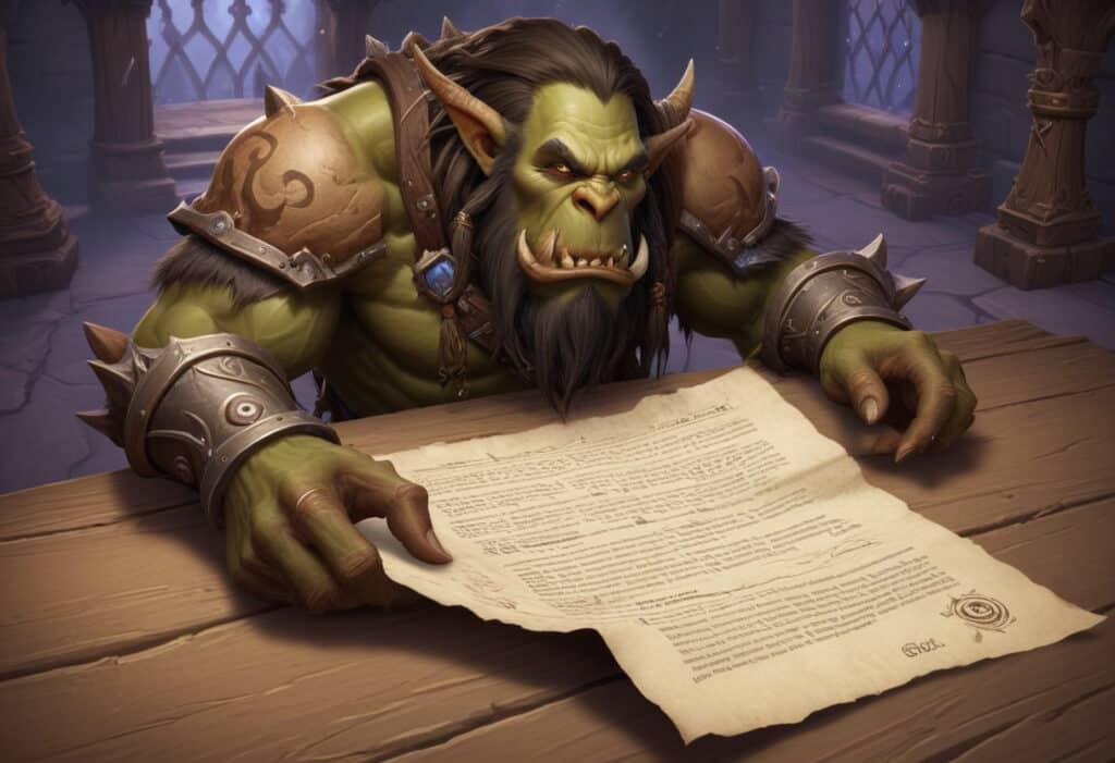 A WoW Classic player cautiously reading through Blizzard’s Terms of Service on their screen. The background features a detailed interface and a concerned expression on the player’s face.