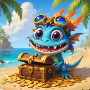 A cute cartoonish Murloc monster holding a treasure chest overflowing with gold coins on a sandy beach with a tropical backdrop