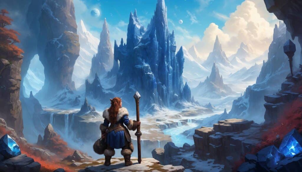 An artwork of an Earthern dwarf looking into the distance, showcasing their strong and resilient features against a backdrop of an ancient underground cavern.