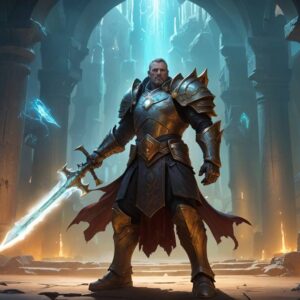 A heroic character in impressive armor with a glowing weapon, standing in an underground cavern in World of Warcraft's The War Within expansio