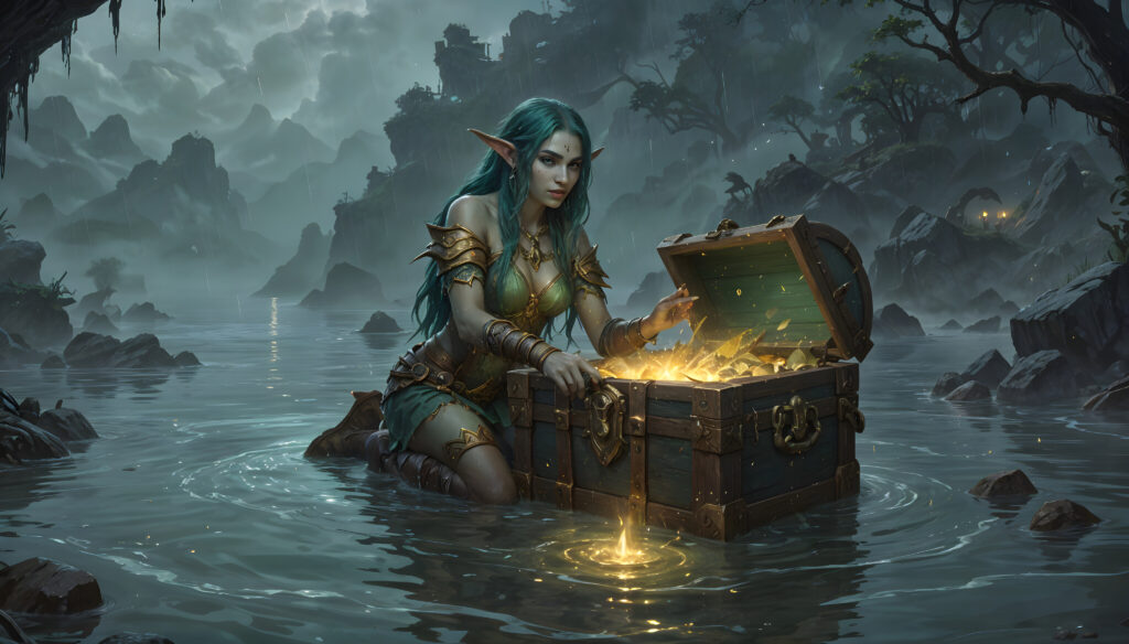 Single player fishing at a serene spot with a treasure chest of WoW gold on the shore.