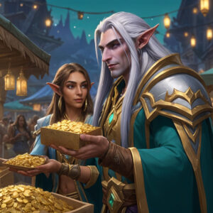 Single player trading items for WoW gold in a bustling World of Warcraft marketplace
