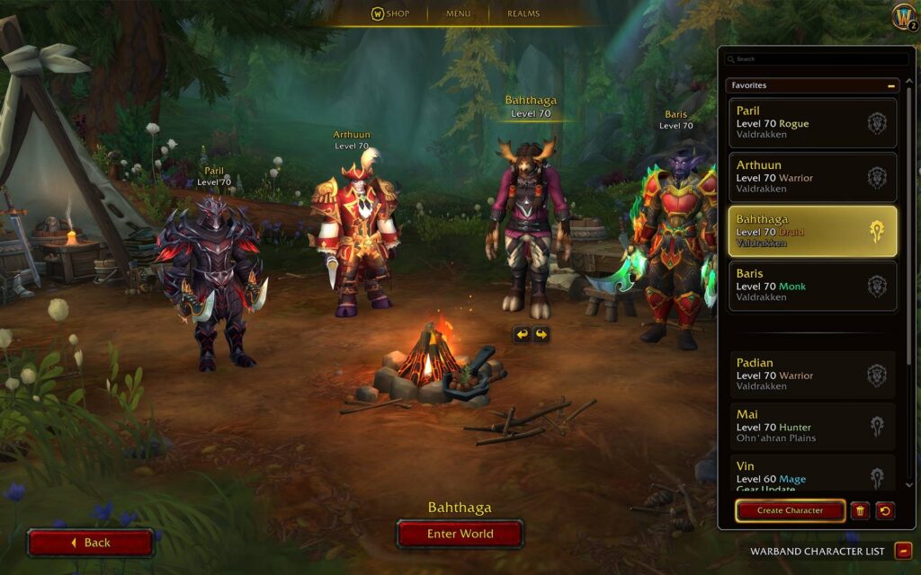 Screenshot of the Warband system in World of Warcraft's 'The War Within' expansion, featuring various characters grouped together