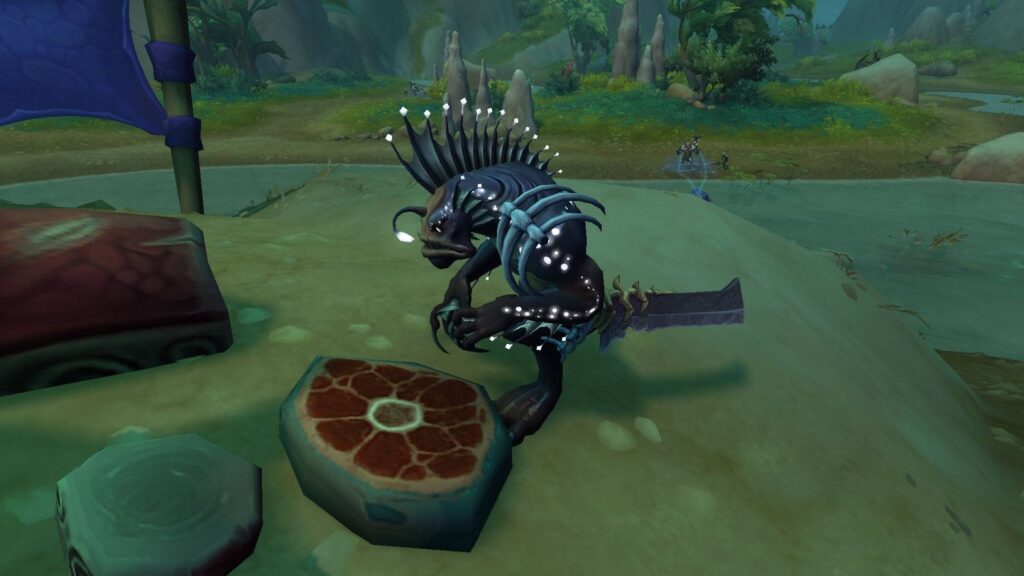 A comical Kobyss, resembling an anglerfish humanoid, sitting hungrily in front of a juicy steak with a bib, fork, and knife in a murky, swamp-like environment sharpen your sword with WoW Gold from Gamer-Choice.com!