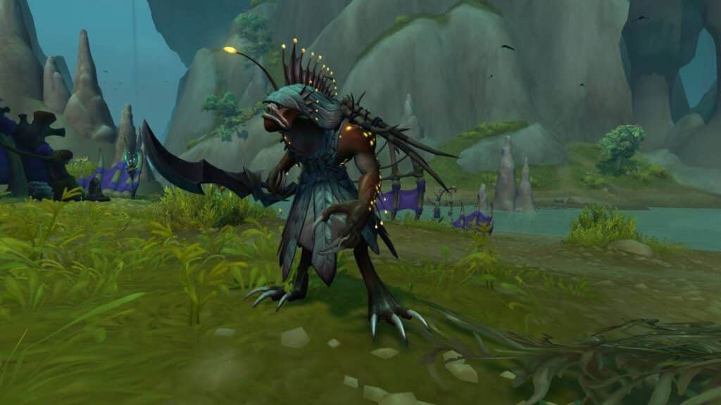 A  Kobyss, resembling an anglerfish humanoid, sitting hungrily in front of a juicy steak with a bib, fork, and knife in a murky, swamp-like environment. sharpen your sword with WoW Gold from Gamer-Choice.com!