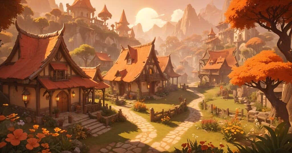 Peaceful village in Lost Ark with charming houses and lush gardens.