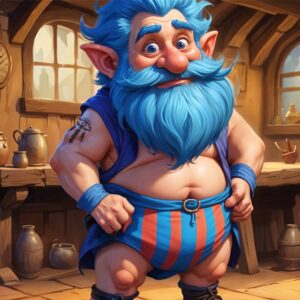 Millhouse Manastorm, a gnome mage from World of Warcraft, stands in a tavern wearing colorful striped underpants, looking embarrassed while other characters laugh and play Hearthstone.
