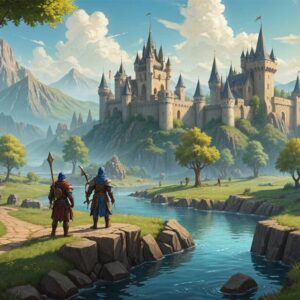 Two adventurers in Gielinor, one in Rune armor and the other in wizard robes, with a castle and village in the background.