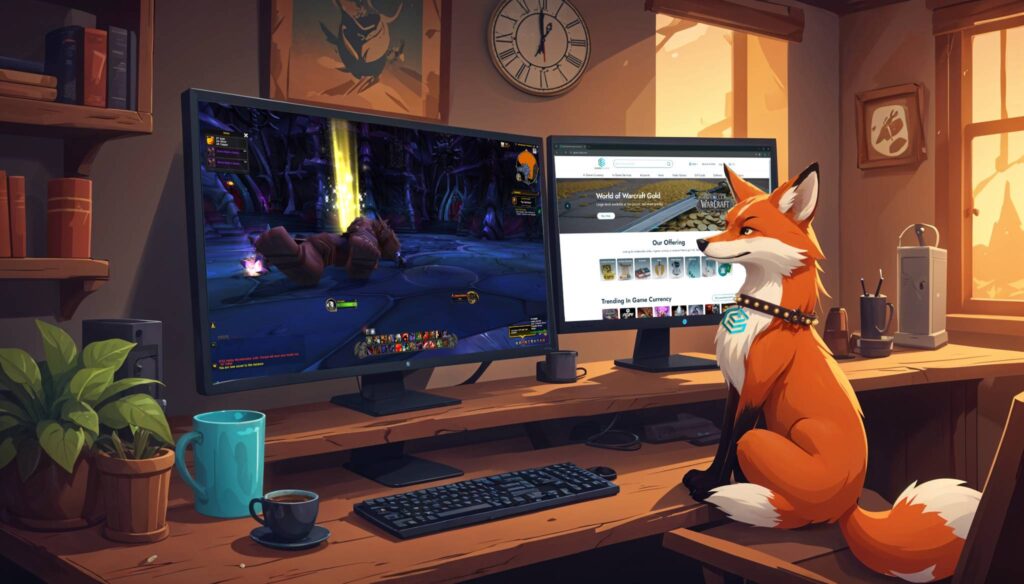 A fox character relaxing while watching two computer screens, one showing WoW gameplay and the other displaying the gamer-choice.com website.