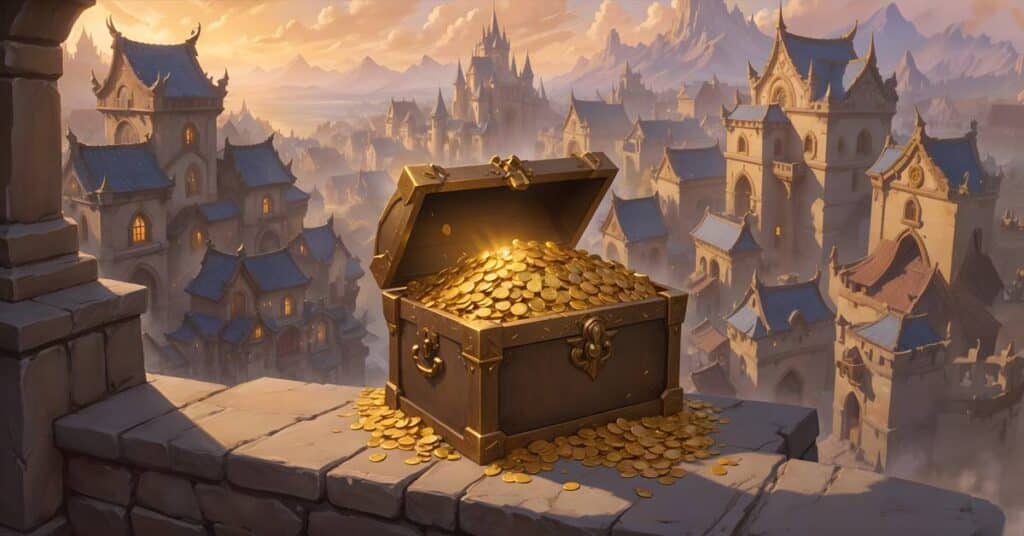 Treasure chest overflowing with gold coins and gems