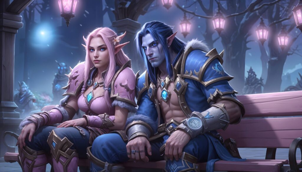 Two World of Warcraft characters sitting on a bench, waiting for The War Within pre-patch and WOW boost.