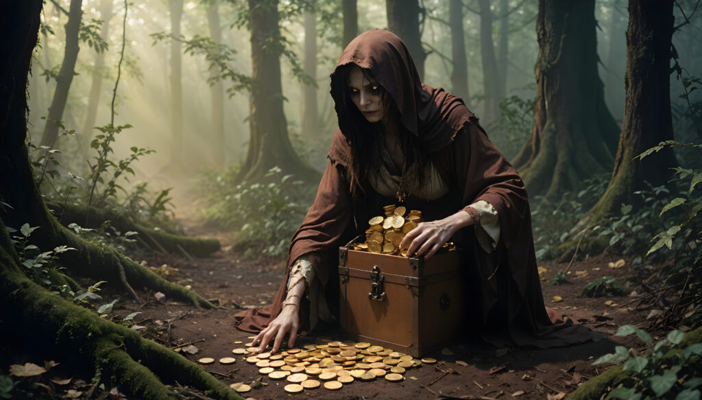 Hero completing a quest and discovering a chest full of WoW gold in a lush forest