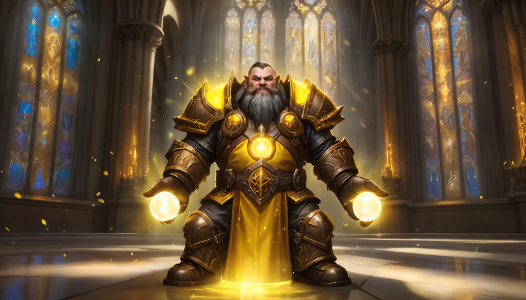 A noble paladin from World of Warcraft, glowing with holy light and holding a mighty hammer, ready to face The War Within with boosts from Gamer-Choice.com. The scene features a grand cathedral background