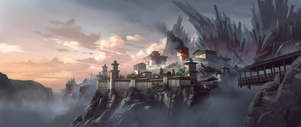 Stunning Valorant game scene depicting a fortress on a cliffside with dramatic clouds, promoting rank boosting services from Gamer-Choice.com