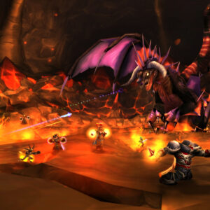 A group of adventurers battling Onyxia, the fearsome dragon, within her fiery lair in a WoW Classic raid.