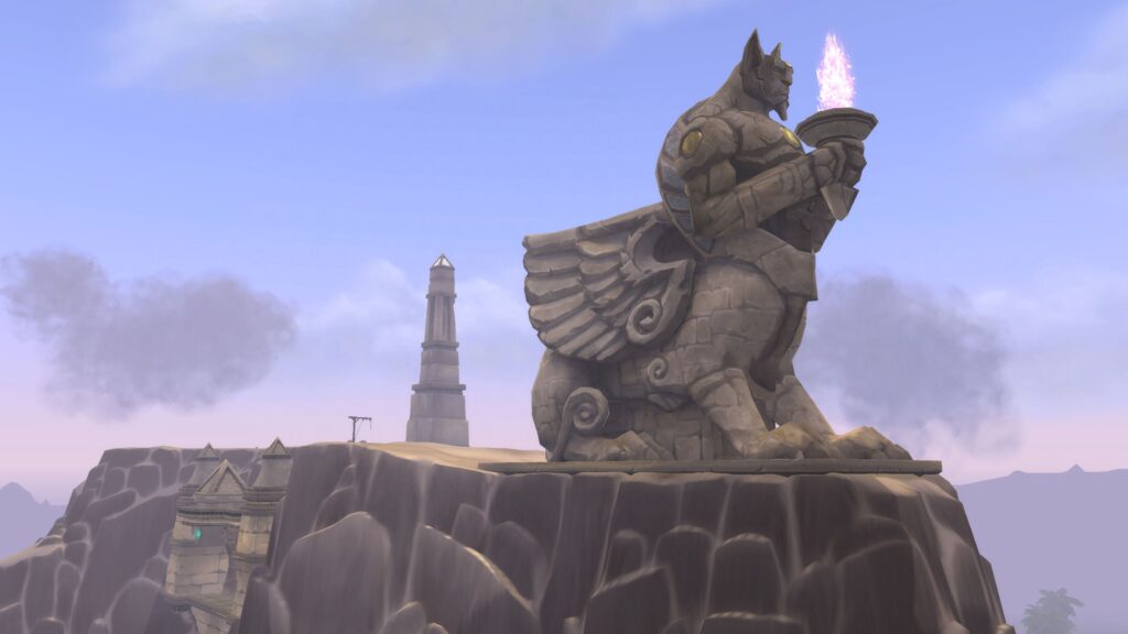 A colossal stone statue holding a torch stands atop a cliff in Uldum, a zone in World of Warcraft Classic, symbolizing the ancient mysteries and challenges that players face in the game. Buying WoW Classic gold from Gamer-Choice.com can help you prepare for such epic adventures.