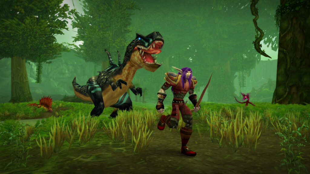 A WoW Classic era account for sale featuring a Night Elf Hunter in Un'Goro Crater, being pursued by a devilsaur. The image captures the thrilling and immersive gameplay of WoW Classic.