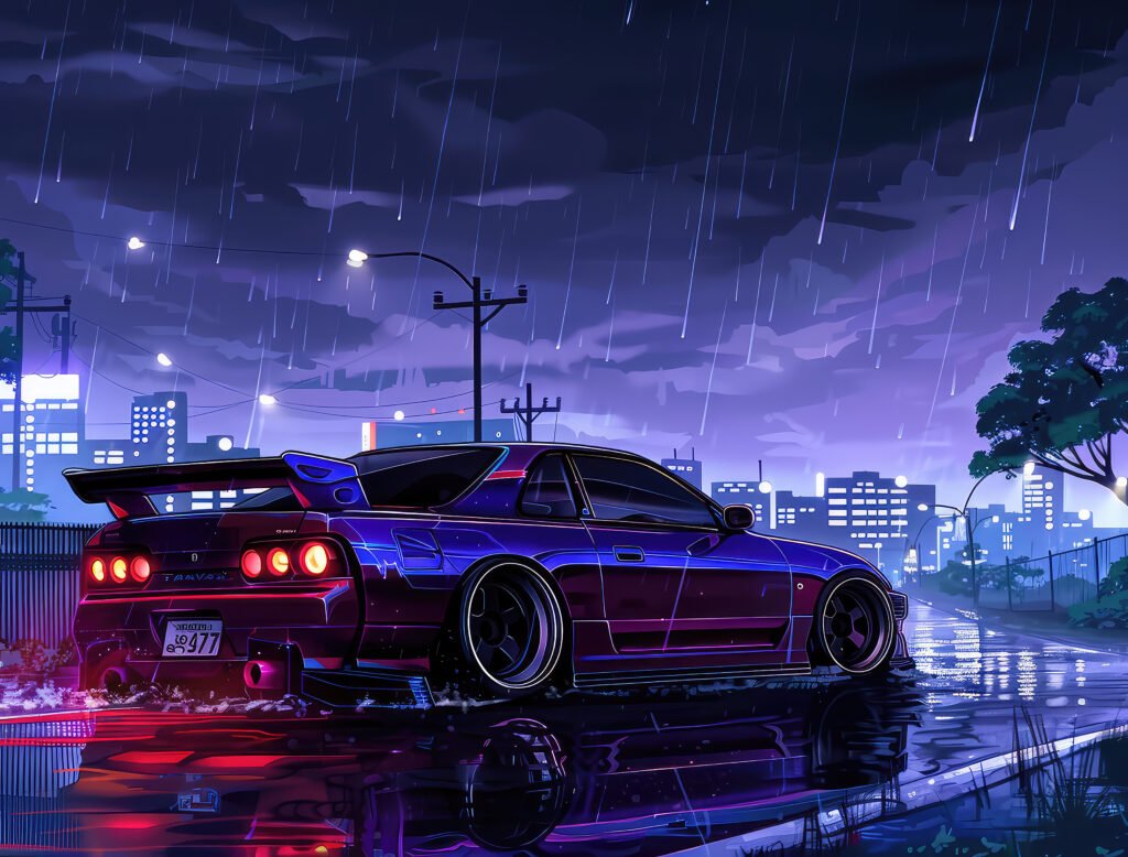 GTA 5 Online inspired anime-style sports car in a rainy city at night.