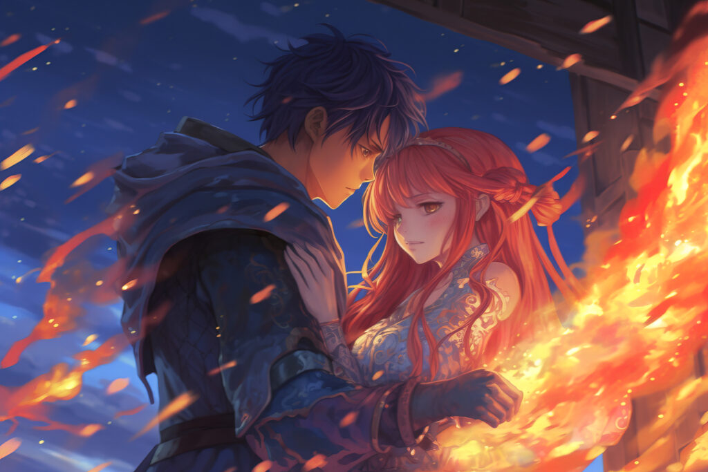 Genshin Impact inspired anime couple with fire, showcasing their intense bond and power.