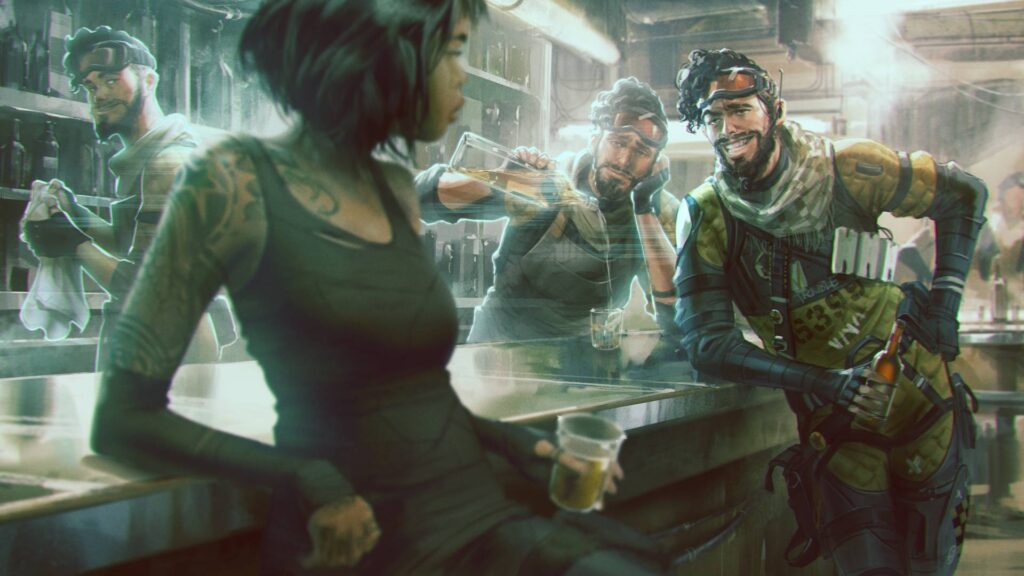 Mirage from Apex Legends relaxing at a bar, engaging with his holograms. Discover how to enhance your Apex Legends experience with Gamer-Choice.com.