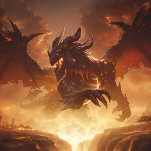 A colossal dragon surrounded by fire and lava looms over a devastated landscape, symbolizing the Cataclysm event in World of Warcraft Classic.