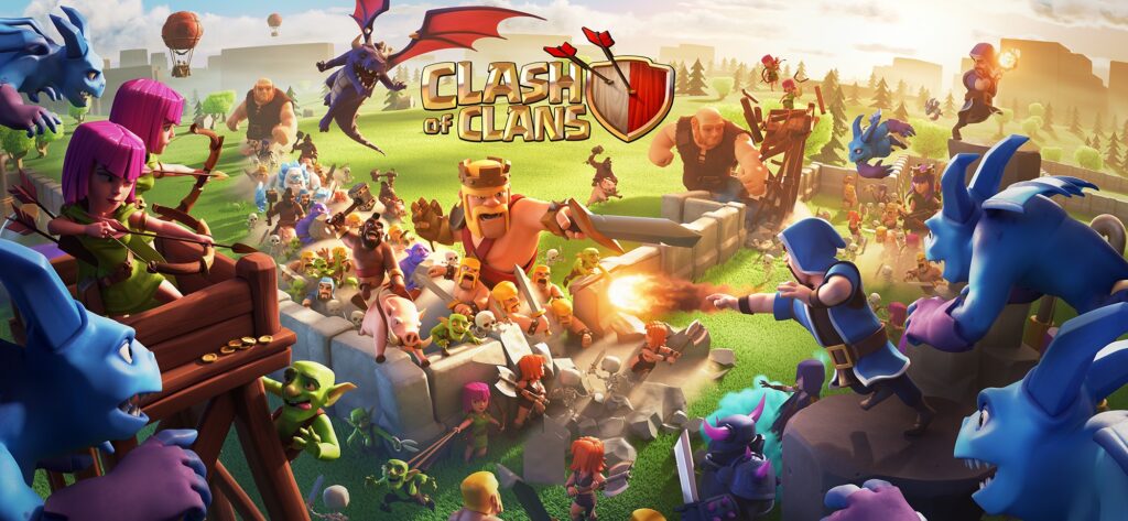 Clash of Clans loading screen featuring a large-scale battle with various characters, including Archers, Barbarians, Wizards, and Minions.