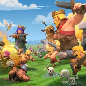 A vibrant scene from the popular mobile game Clash of Clans, featuring an intense battle between various characters. In the foreground, Barbarians are engaged in fierce combat, with one wielding a sword and another preparing to throw a large boulder. Behind them, the Archer Queen takes aim with her crossbow, while the Barbarian King stands tall, ready to strike. Other characters, including a Wizard, Valkyrie, and Witch, are also participating in the clash. The background shows a castle under siege with explosions, indicating the high-stakes nature of the battle. The overall atmosphere is dynamic and action-packed, capturing the essence of the game.