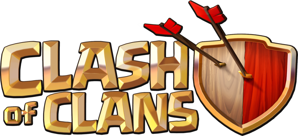 Clash of Clans logo featuring golden text and a shield with arrows.