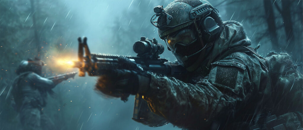 Soldier firing a rifle in a rainy forest during a mission, illustrating the tactical depth of CS2.