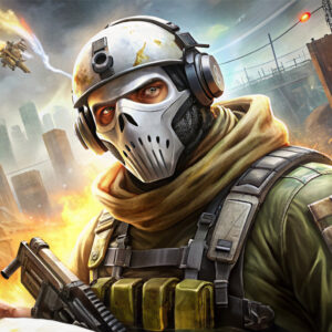 Soldier wearing a skull mask standing in a war-torn city with explosions in the background, representing intense CS2 combat.