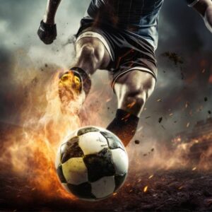 Soccer striker preparing a powerful shot with a flaming soccer ball - EA Sports FC 24 coins.