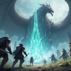 Final Fantasy XIV-inspired artwork featuring a group of adventurers confronting a giant dragon near a glowing crystal formation in a fantasy landscape.