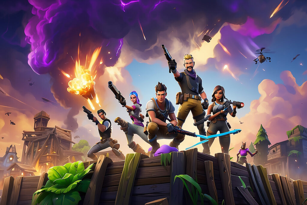 Fortnite squad ready for battle with explosions and stormy skies in the background, representing the thrilling action of Fortnite gameplay.