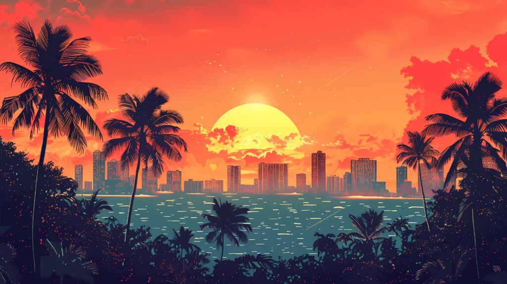 GTA 5 Online inspired retro comic-style cityscape with palm trees and a vivid sunset.