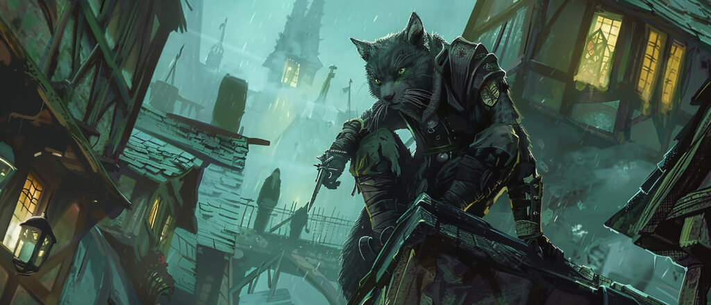 A male Tabaxi rogue character, cloaked in light black leather armor, crouching on a rooftop in a fantasy cityscape under the moonlit sky