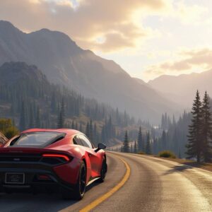 GTA 5 Money Buy - Luxury sports car on a scenic mountain road, symbolizing wealth and success.