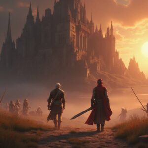 Final Fantasy XIV-inspired scene of adventurers approaching a grand castle at sunset, ready for an epic quest.