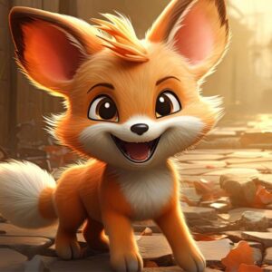 Cheerful orange fox-like creature with large ears and a fluffy tail, set against a cobblestone path, representing the excitement of owning a high-level Pokémon Go account for sale.