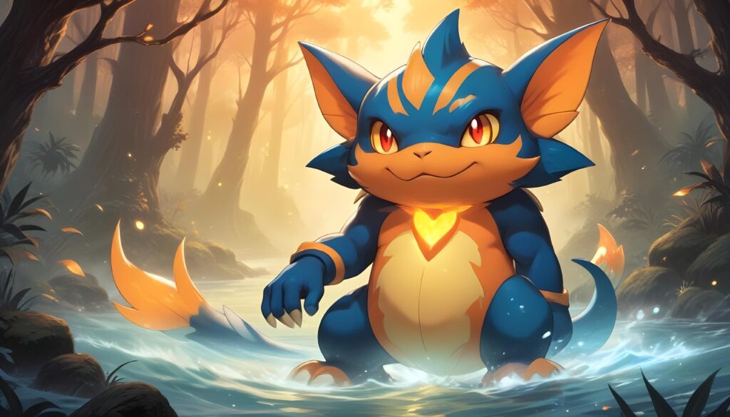 A powerful blue and orange Pokémon-like character with a glowing heart emblem, standing in a magical forest, representing high-level Pokémon Go accounts available for purchase.