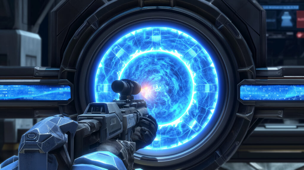 A soldier aiming through a glowing blue portal, inspired by the Portal Gun from the Portal series, representing futuristic and sci-fi elements in gaming.