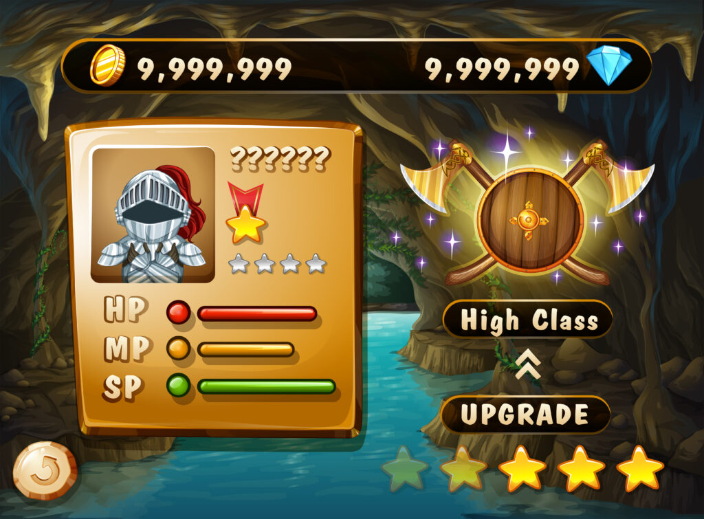  Game interface displaying a knight character with high stats, coins, diamonds, and upgrade options, symbolizing a premium game account.