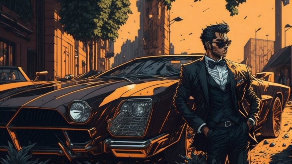 A stylish man in a suit standing confidently next to a luxury car in a cinematic, 3D comic-style setting. Buy GTA 5 money at Gamer-Choice.com to unlock elite vehicles and enhance your gameplay.