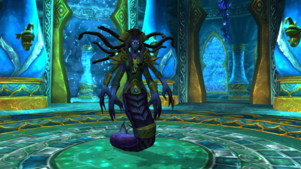 A powerful Naga sorceress stands in the mystical Throne of the Tides dungeon in WoW Classic, surrounded by ornate and glowing underwater architecture. Buying WoW Classic gold from Gamer-Choice.com can help players gear up and conquer such challenging encounters.