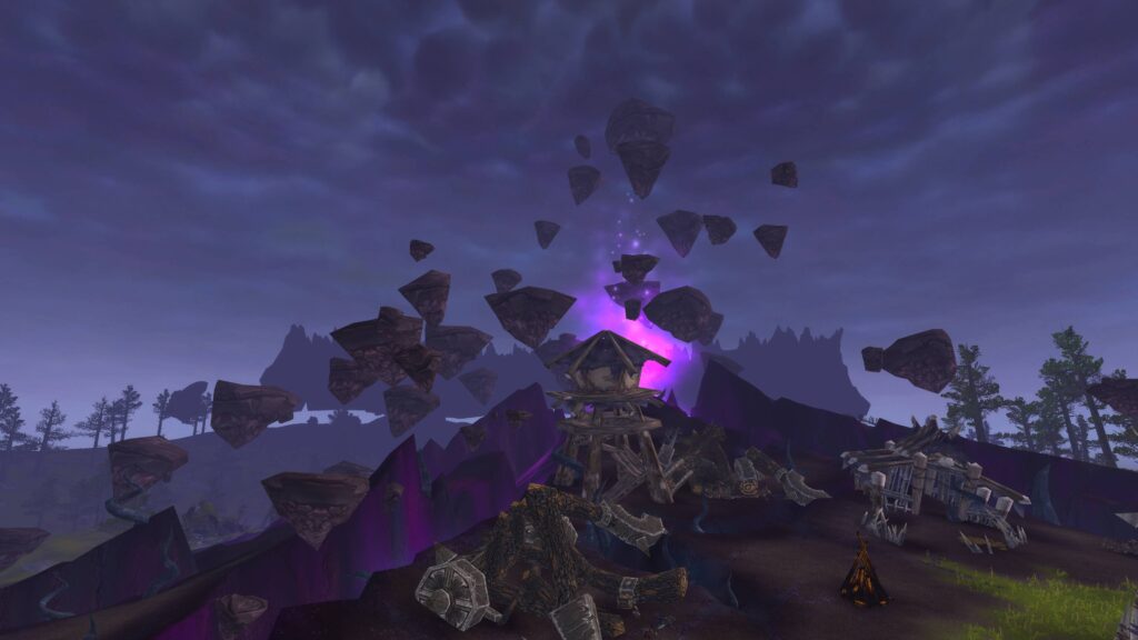 Floating rocks and a dark sky dominate the Twilight Highlands, a perilous zone in WoW Cataclysm Classic.