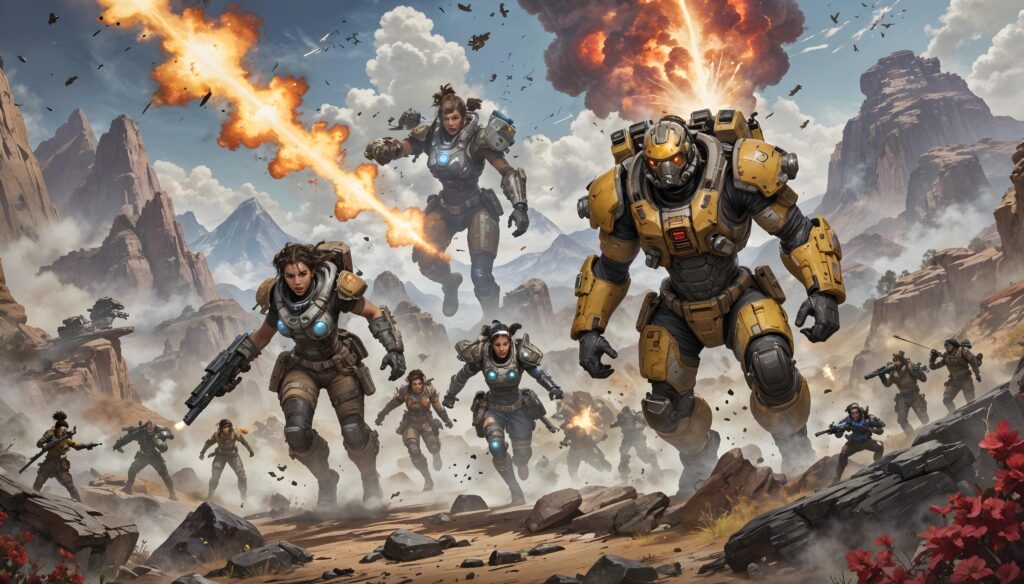 Action-packed artwork of Apex Legends characters in a futuristic battlefield, highlighting the intensity of the game and the importance of teamwork.